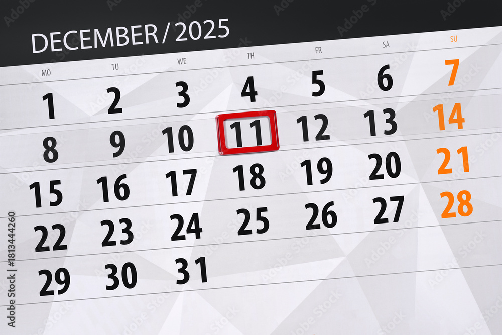 Fototapeta premium Calendar 2025, deadline, day, month, page, organizer, date, December, thursday, number 11