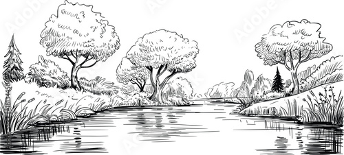 Black and white pencil sketch of a serene riverside landscape with trees, bushes, grass, and calm water reflections