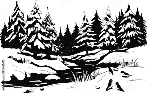 Black and white pencil sketch of a winter forest landscape with snowy pine trees, river stream, and birds in nature