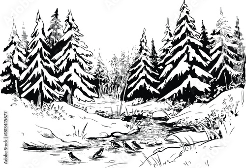 Black and white pencil sketch of a winter forest landscape with snowy pine trees, river stream, and birds in nature