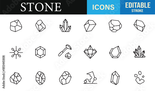 Stone and crystal icon pack featuring rough rocks, precious gems, and faceted mineral graphics