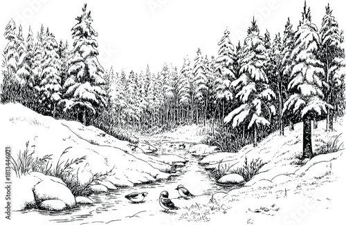 Black and white pencil sketch of a winter forest landscape with snowy pine trees, river stream, and birds in nature