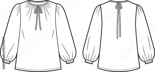 “Elegant women’s blouse fashion flat sketch with long puff sleeves, gathered neckline, back tie detail, technical CAD vector illustration”