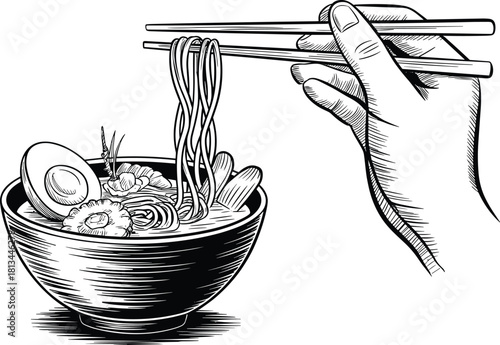 Black and white ramen bowl illustration with hand holding chopsticks Japanese noodle soup egg seafood detailed food drawing artwork