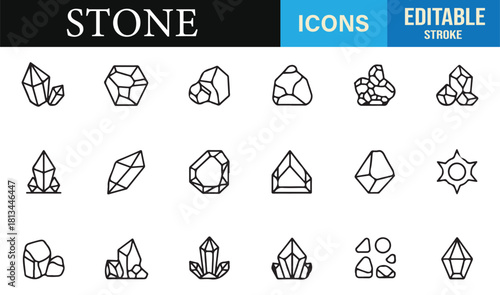 Thin-line mineral icons showing raw stones, crystal clusters, and faceted gems