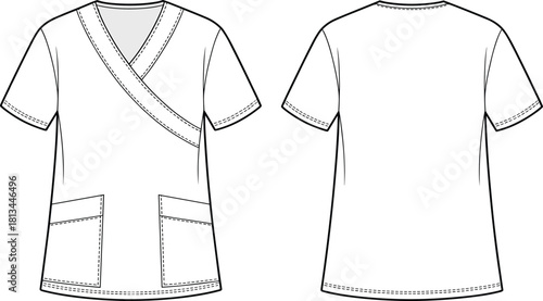 Medical scrub top with crossover V-neck, short sleeves, dual pockets, clean stitching details, professional uniform garment — cad drawing flat vector illustration