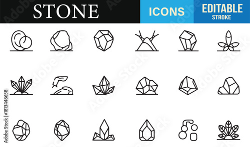 Minimal line art stones and crystals icon set featuring gems, minerals, and quarry symbols