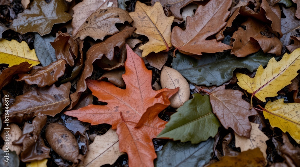 Fototapeta premium Autumn Leaf Tapestry: A captivating close-up of fallen leaves, their vibrant hues creating a rich tapestry on the forest floor, evoking the essence of autumn.