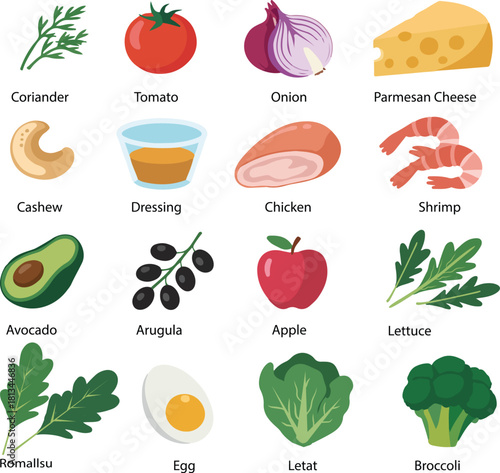 Set of Healthy Food Ingredients and Salad Vegetables Vector Illustration
Fresh Salad Ingredients Collection: Vegetables, Meat, Seafood, and Dressing Flat Icons