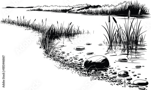 Black and white riverbank landscape illustration with water rocks reeds and grass detailed nature scenery peaceful lake shore drawing