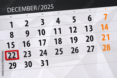 Calendar 2025, deadline, day, month, page, organizer, date, December, monday, number 22