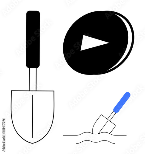 Trowel tool with solid black grip, play button symbol, and trowel digging sand lines. Ideal for creativity, gardening, progression, outdoor activities, innovation, construction growth simple flat