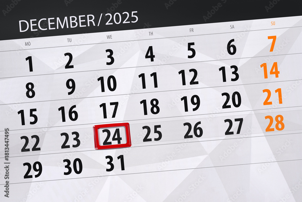 Fototapeta premium Calendar 2025, deadline, day, month, page, organizer, date, December, wednesday, number 24
