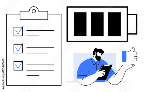 Checklist with completed tasks, battery progress bar, person holding tablet, and thumbs-up symbol. Ideal for organization, workflow, task management, focus success motivation efficiency. Simple