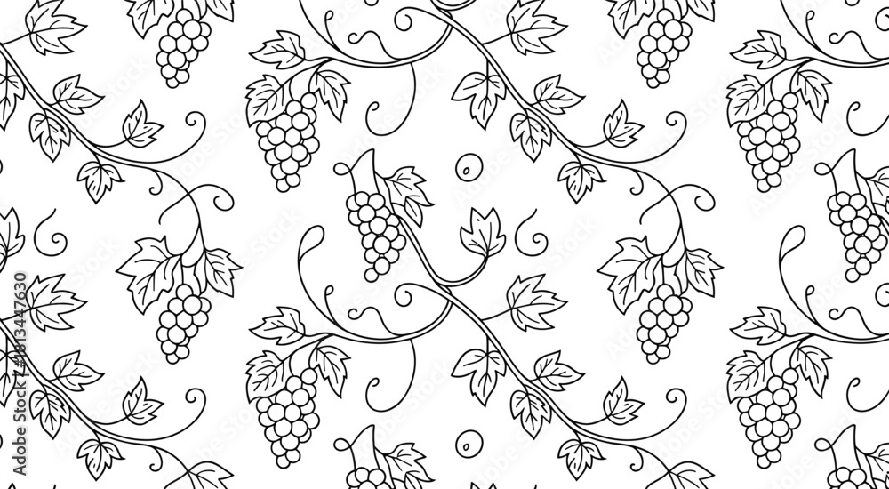 Fototapeta premium Black and white seamless grapevine pattern with leaves and grape clusters in elegant botanical line art for decorative design