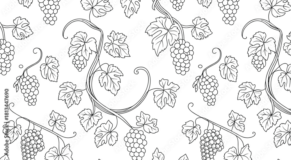 Obraz premium Black and white seamless grapevine pattern with leaves and grape clusters in elegant botanical line art for decorative design