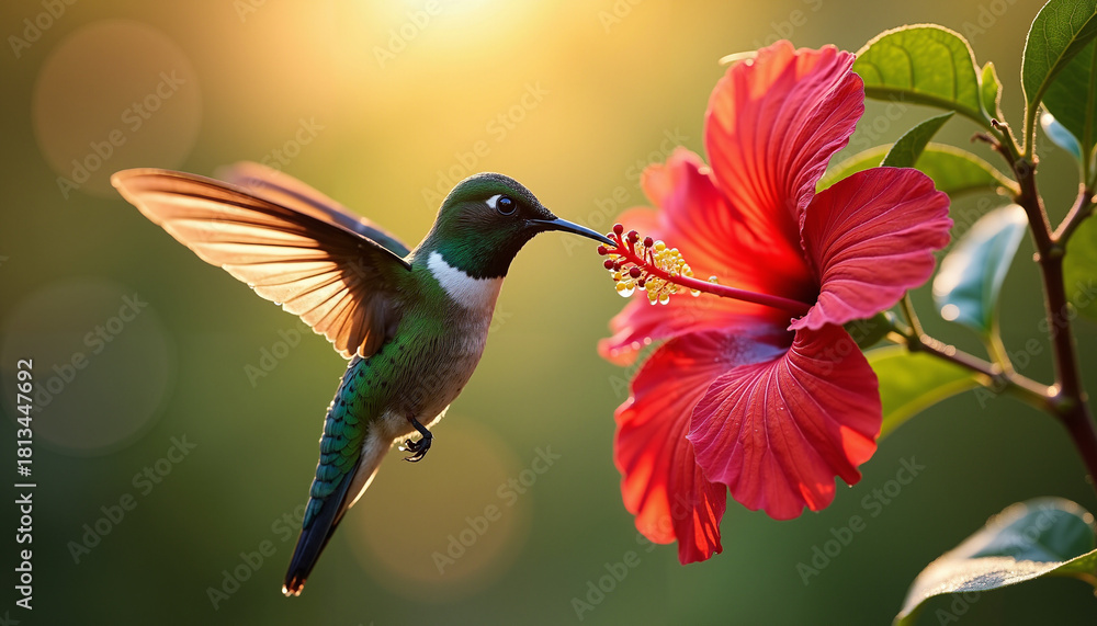 Naklejka premium Hummingbird hovering near vibrant red hibiscus flower in sunlight
