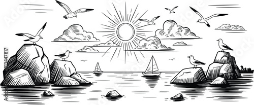 Black and white seascape illustration with seagulls, sailboats, rocks, sun, and clouds, hand drawn coastal nature sketch for design