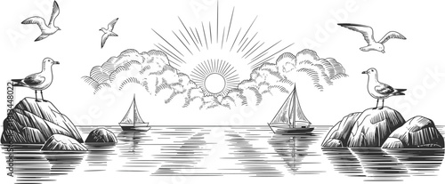 Black and white seascape illustration with seagulls, sailboats, rocks, sun, and clouds, hand drawn coastal nature sketch for design