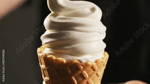 Pouring creamy white soft serve ice cream into a crunchy waffle cone.
