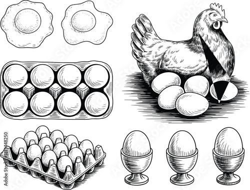 Black and white sketch illustration of chicken with eggs, egg cartons, and fried eggs in vintage hand drawn farm style