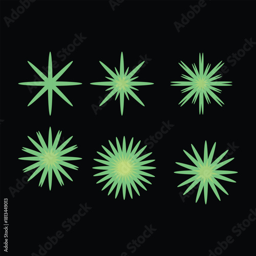 Six Green Starburst Shapes on Black Background light green