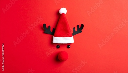Minimalist Rudolph face with Santa hat, pom-pom nose, and heart-shaped smile on red background