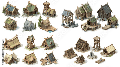 Detailed medieval village illustrations featuring wooden Viking houses, rustic cabins, tents, and handcrafted timber structures with natural textures and ancient settlement style.