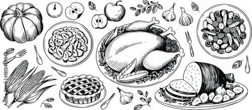 Black and white Thanksgiving dinner illustration with roasted turkey, pumpkin pie, vegetables, fruits, and festive food items drawn in ink style