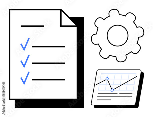 Task list with checkmarks, gear for process, and chart with data points. Ideal for planning, efficiency, analytics, organization, management goal setting workflow. Simple flat metaphor
