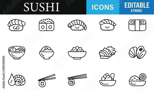 Minimalist sushi vector pack showing various maki, nigiri, and serving elements