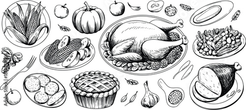Black and white Thanksgiving dinner illustration with roasted turkey, pumpkin pie, vegetables, fruits, and festive food items drawn in ink style