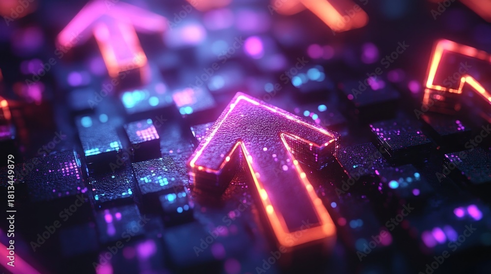 Fototapeta premium Neon arrows ascend on glowing grid