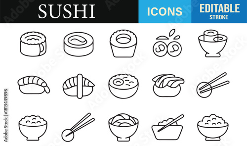 Clean outline sushi illustrations in editable stroke style for culinary design projects