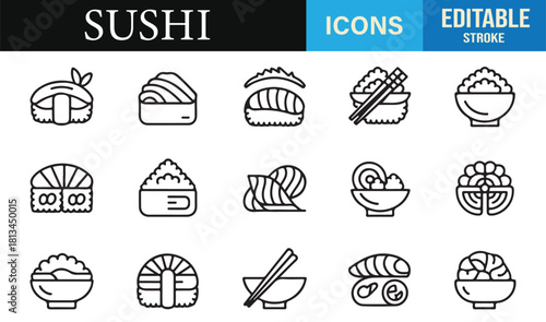 Vector set of Japanese food symbols featuring sushi pieces, bowls, and chopsticks