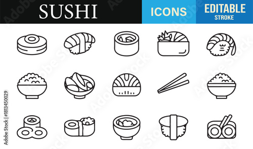 Minimal line art sushi icons including maki rolls, nigiri, sashimi, and Japanese dishes