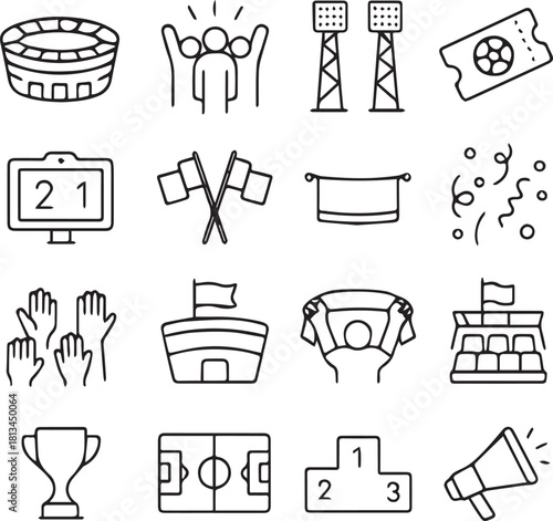 Soccer Match and Fan Celebration Line Icons