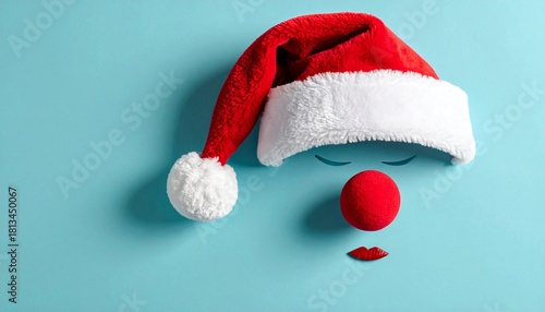 Minimalist Santa face with hat, closed eyes, pom-pom nose, and smile on light blue background