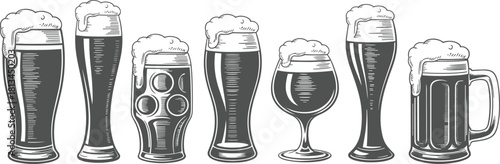 Black and white vintage illustration of various beer glasses and mugs filled with foam, perfect for brewery or pub design