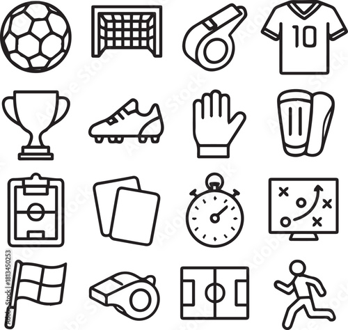Soccer Equipment, Gear, and Game Essentials Line Icons