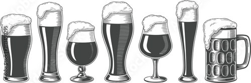 Black and white vintage illustration of various beer glasses and mugs filled with foam, perfect for brewery or pub design