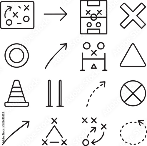 Soccer Training Drills, Strategy, and Tactics Line Icons