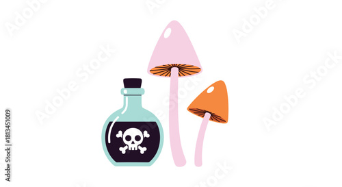 Digital illustration of a vintage-style poison bottle adorned with a skull and crossbones, accompanied by a pair of fantastical, brightly colored mushrooms.