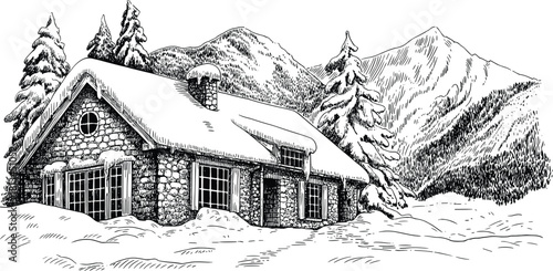 Black and white winter cabin illustration with snow covered house pine trees and mountain landscape peaceful nature drawing vintage design