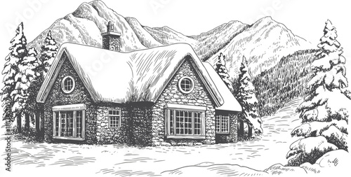 Black and white winter cabin illustration with snow covered house pine trees and mountain landscape peaceful nature drawing vintage design