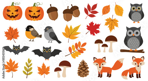 Vibrant collection of autumn and Halloween elements with jack-o-lanterns, diverse fall foliage, forest animals, and nature symbols.