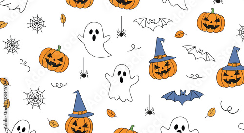 Adorable Halloween seamless pattern with festive pumpkins, friendly ghosts, flying bats, spiders, and autumn leaves on a clean white background.