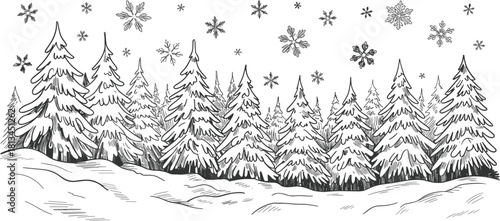 Black and white winter forest landscape illustration with snow covered pine trees and falling snowflakes, hand drawn sketch seasonal background design