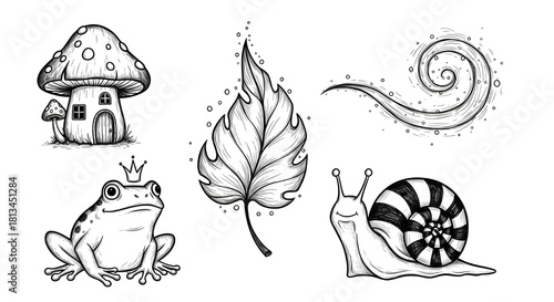 A collection of whimsical, hand-drawn doodle art. Includes a tiny mushroom house, a frog with a crown, a snail with a striped shell, and a swirling, magical leaf. Loose, sketchy lines with a playful a