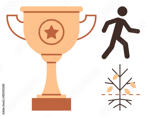 Golden trophy with star, walking figure symbolizing progress, and tree with falling leaves denoting growth and change. Ideal for success, movement, motivation, transition, reward, nature personal
